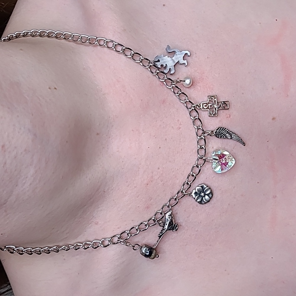 Charm Necklace Silver Tone Heart Pearl Cross Bird Angel Wing Flower Lion Fashion